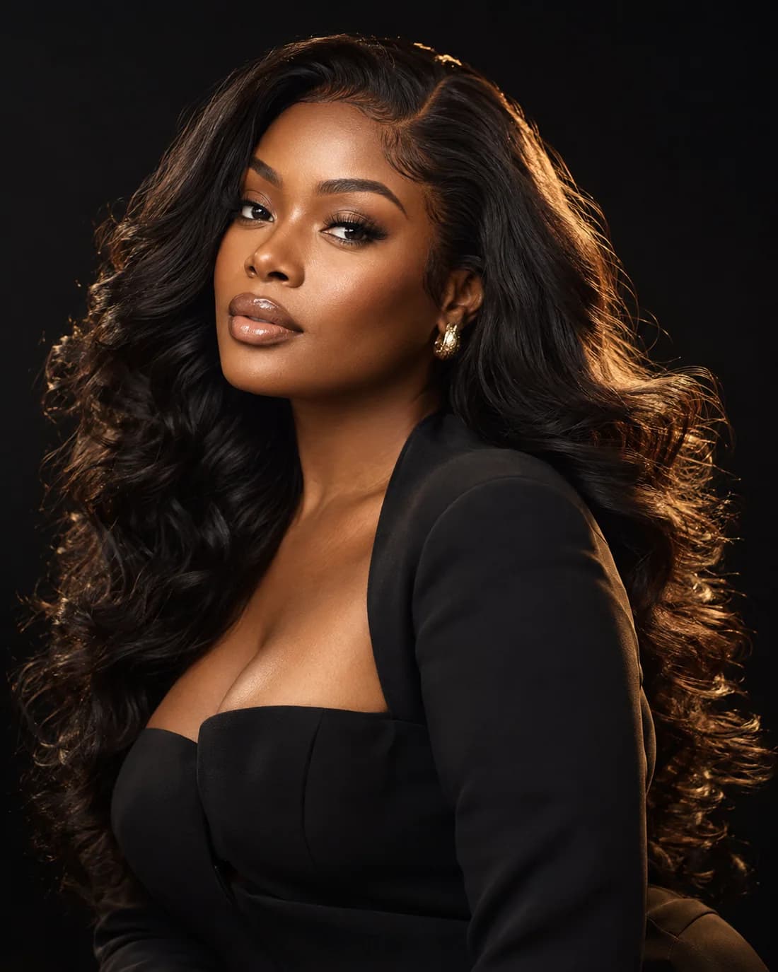 Editorial portrait wearing a natural-looking styled wig